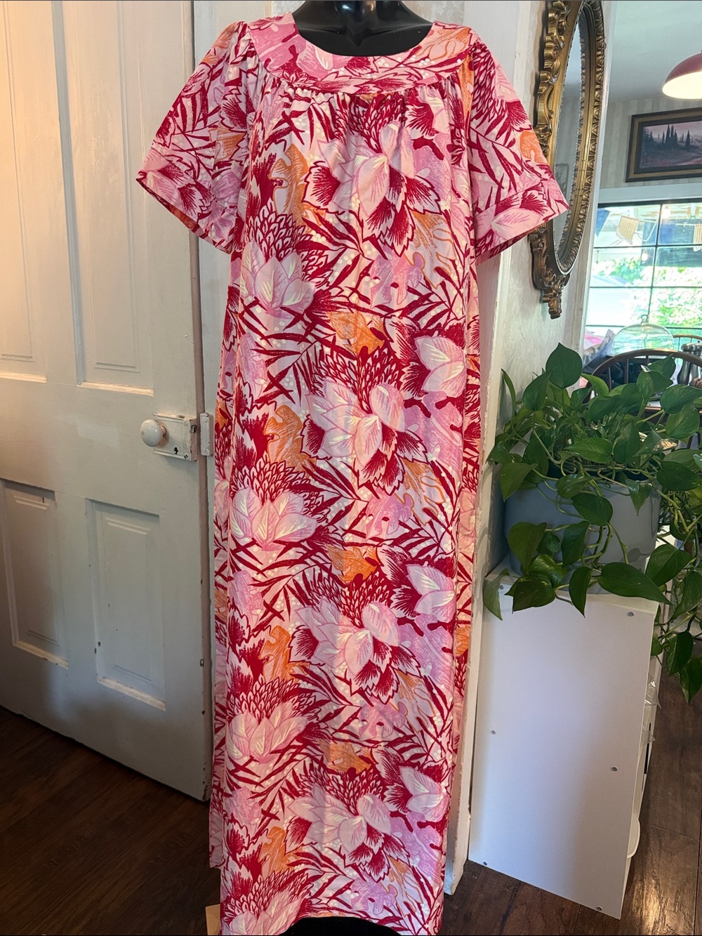 Vintage 100% Cotton Sears Floral Tropical Pink & Orange Housedress Mumu XL Tall